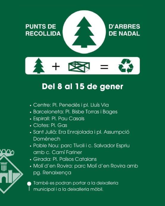 Del 8 al 15 de gener s’habilitaran diferents punts de recollida d’arbres de Nadal als barris de Vilafranca